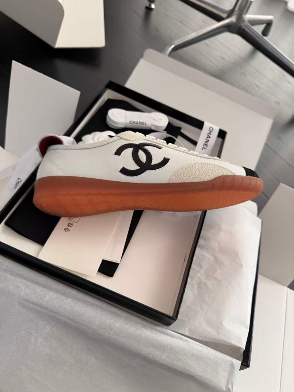 Chanel White Black Suede CC Logo Gum Sole Trainer Sneakers - Picture 7 of 7